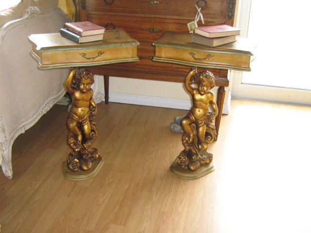 Pair of unusual hand painted and Cherub base side tables, Italy, circa 1950, w 20 x d 11 x h 29 inches