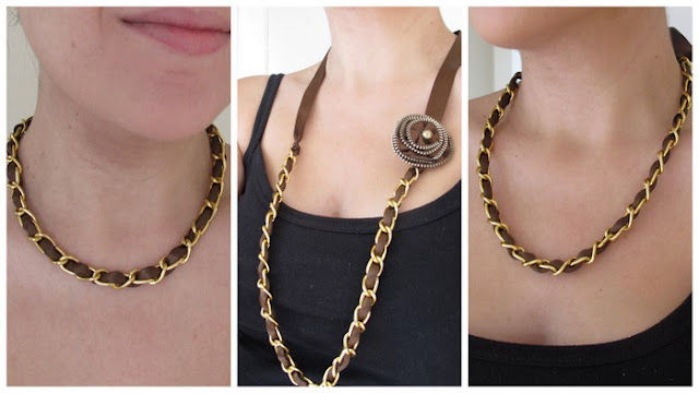 diy ribbon and chain woven necklace